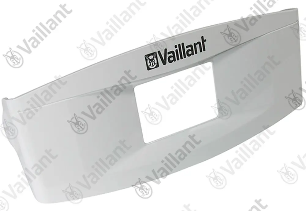 Frontblende in Weiß mit dem Aufdruck "Vaillant". Die Blende hat eine rechteckige Öffnung in der Mitte und entspricht einem einfachen, funktionalen Design.